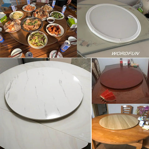 Kick Up Your Hosting Game With This 39 Inch Round Wooden Lazy Susan Rotating Serving Tray featuring various styles on dining tables.