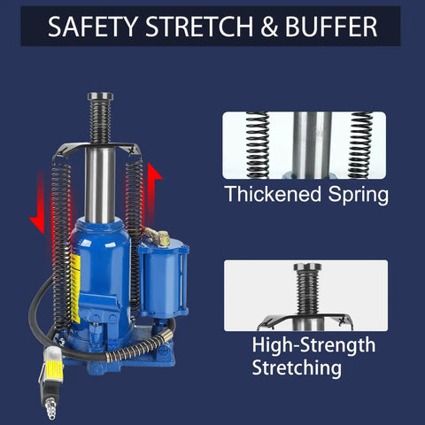 Heavy Duty 20 Ton Pneumatic Air Hydraulic Bottle Jack With Manual Hand Pump For Auto And Truck Repair Lift Blue High Capacity Hydraulic Tool For Home Garage showing thickened spring and high-strength stretching.