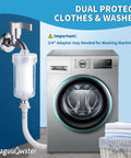 Washer Inline Water Filter With One Micron Carbon And PP Media next to washing machine, adapter visible