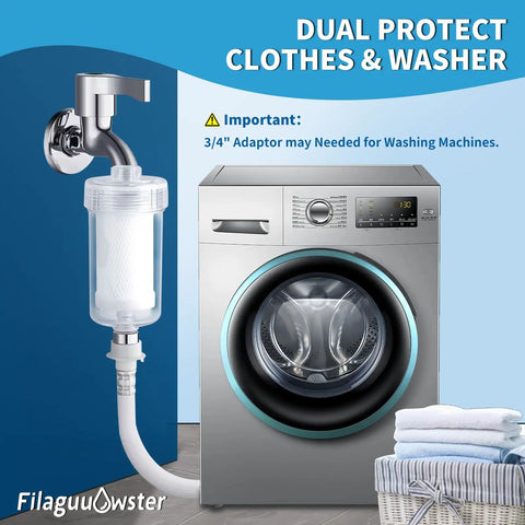 Washer Inline Water Filter With One Micron Carbon And PP Media next to washing machine, adapter visible