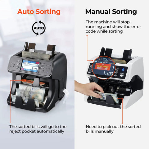 Two Pocket Money Counter Machine That Sorts Mixed Denominations With Built In Printer and manual sorting feature.
