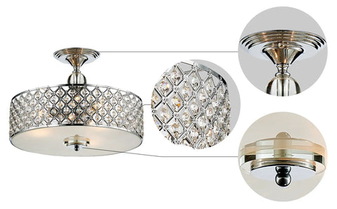 Dope 3 Light K9 Crystal Flush Mount Ceiling Chandelier In Chrome Finish with detailed crystal and base view