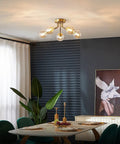 Modern Sputnik 5 Light Gold Ceiling Chandelier Semi Flush Mount With Glass Globe For Bedroom Kitchen Dining Room And Office Mid Century Modern Vintage Style Lighting Fixture Bulbs Not Included in dining room setting