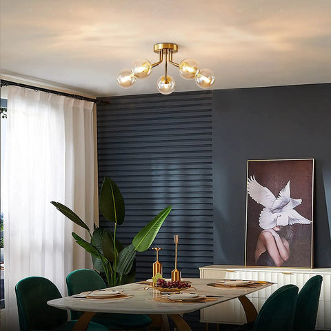Modern Sputnik 5 Light Gold Ceiling Chandelier Semi Flush Mount With Glass Globe For Bedroom Kitchen Dining Room And Office Mid Century Modern Vintage Style Lighting Fixture Bulbs Not Included in dining room setting