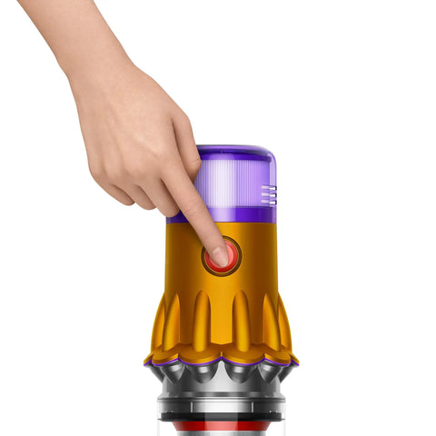 Hand pressing button on V12 Detect Slim Absolute Cordless Vacuum Cleaner with High Suction Power Ultra Lightweight Design Slim Profile
