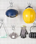 Bad Boy Magnetic Carabiner Hooks holding safety gear like helmets and gloves on a pegboard wall, 12 pack stainless steel magnets.