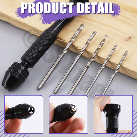 Slick 492 Piece Pin Vise Hand Drill Kit With Fine Twist Bits And Assorted Eye Screws showing pin vise chuck and metal drill bits.