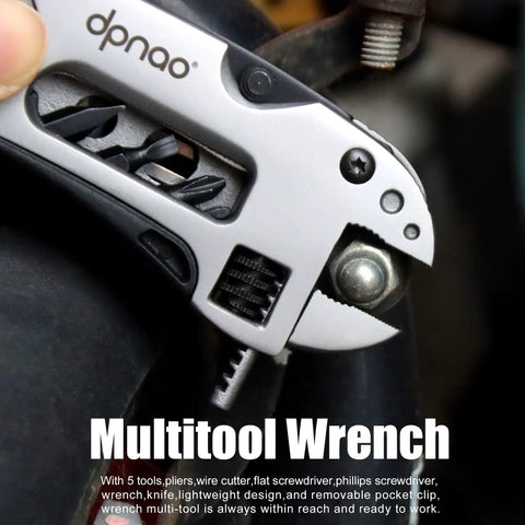 Close-up of Five In One Portable Multitool Pliers Set with Cross Wrench and Screwdriver in use for DIY repairs.