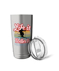 Stainless Steel Insulated Tumbler With Ski Town Souvenir Theme, Life Is Better On The Slopes, Durable Double Walled Travel Mug For Skiers And Snowboarders, Totally Sick Gift For Winter Vacations, Ski Trips, Or Family Ski Adventures. silver stainless steel tumbler with lid