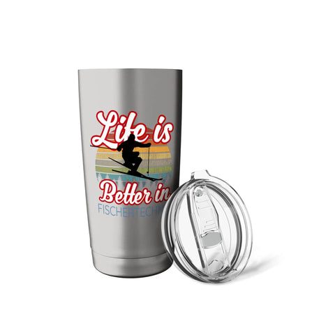 Stainless Steel Insulated Tumbler With Ski Town Souvenir Theme, Life Is Better On The Slopes, Durable Double Walled Travel Mug For Skiers And Snowboarders, Totally Sick Gift For Winter Vacations, Ski Trips, Or Family Ski Adventures. silver stainless steel tumbler with lid