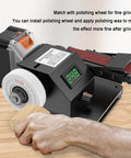 Heavy Hustle Desktop Belt Sander And Compact Electric Polisher With Clear Lcd Panel Smooth Variable Speed Dial Up To Ten Thousand Rpm Zero To Ninety Degree Tilt Adjustment Sweet Handle For Workshop Tasks on workbench with polishing wheel.
