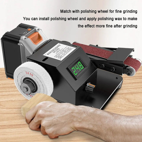 Heavy Hustle Desktop Belt Sander And Compact Electric Polisher With Clear Lcd Panel Smooth Variable Speed Dial Up To Ten Thousand Rpm Zero To Ninety Degree Tilt Adjustment Sweet Handle For Workshop Tasks on workbench with polishing wheel.