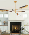51 Inch Industrial Farmhouse Chandelier with Antique Brass Brush Finish and Matte Black Wood Pendant Lighting in living room