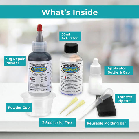 Plastic Repair Kit For Home DIY Fixes Glue Cracks And Gaps In Plastic Fiberglass And Wood Remake Parts And Rebuild Mounting Points Repairs Stripped Threads In Rigid Plastics Standard Black Kit components including activator and repair powder.
