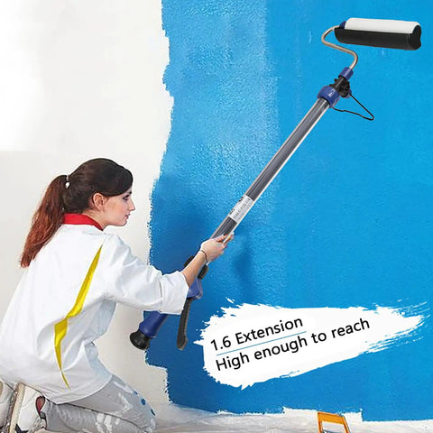Game Changing Electric Paint Roller Brush With Long Extension Rod Auto Feed System For Effortless Wall And Ceiling Painting in use against blue wall.