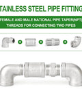 Front view of 8-piece 304 stainless steel pipe fittings kit with 90-degree elbow, hex bushing, and 3/8" NPT coupling