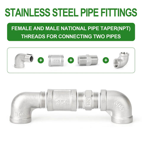 Front view of 8-piece 304 stainless steel pipe fittings kit with 90-degree elbow, hex bushing, and 3/8" NPT coupling