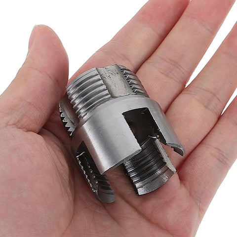 Heavy Duty Dual Function Pipe Threader Kit For Power Drill, steel threading assembly in hand for cutting and threading PVC pipe.