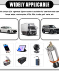 Boss Level Universal 12V Car Cigarette Lighter With Waterproof Heating Core And 24 Foot Extension Cord Plus Plug And Play Wiring Harness shown with various vehicles and devices.