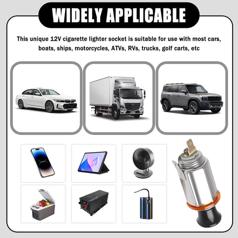 Boss Level Universal 12V Car Cigarette Lighter With Waterproof Heating Core And 24 Foot Extension Cord Plus Plug And Play Wiring Harness shown with various vehicles and devices.
