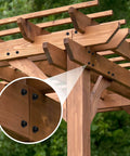 Close-up of hex head lag screws in wooden pergola, showing installation with 14 By 6 Inch Wood Structural Screws - 50 Pack Hex Head Lag Screws, Tough As Nails Rust Resistant Timber Fasteners for Timber, Log, Decks, Fences, And Landscaping Wood, ACQ Treated Lumber Compatible, Heavy Duty Rustproof Build.