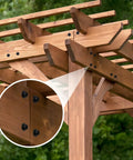 Built Tough Heavy Duty Wood Structural Screws connecting wooden beams in outdoor pergola with rust resistant alloy steel.