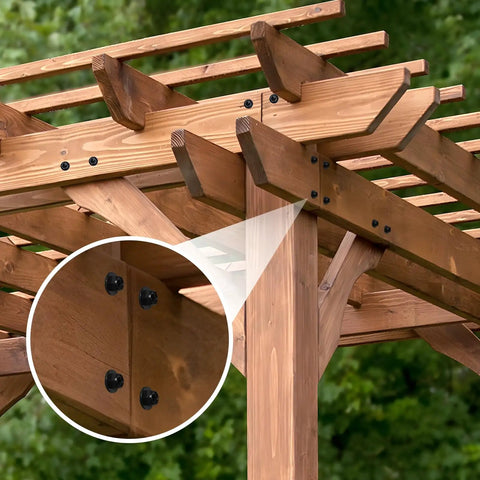 Built Tough Heavy Duty Wood Structural Screws connecting wooden beams in outdoor pergola with rust resistant alloy steel.