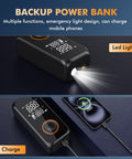 Cordless Tire Inflator With 150 PSI Capacity, 3X Faster Air Pump with LED light and USB charging phone feature.