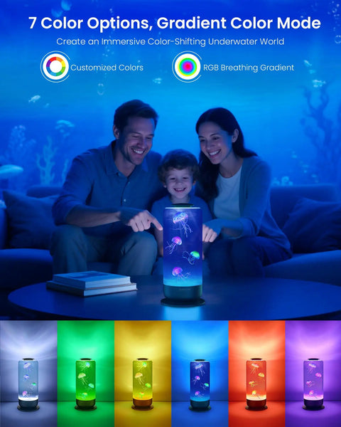 Family enjoying Jellyfish Lamp With 7 Color Changing LEDs Realistic Floating Tank Aquarium Night Light Two Chill Modes.