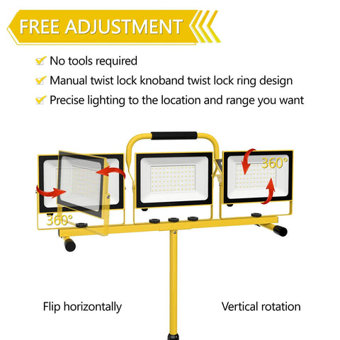 Beast 21,000 Lumen Dual Head LED Work Light With Stand showing adjustable heads with 360-degree rotation on a yellow tripod