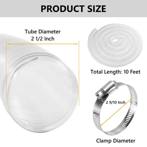 2.5 Inch By 10 Ft PVC Clear Dust Collection Hose Puncture Resistant Fume Hose With Four Stainless Steel Clamps For Vacuum Systems