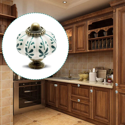 Ivory Pumpkin Ceramic Cabinet Knobs Set 12 Piece Vintage Leaf Pattern in rustic kitchen setting with wooden cabinets