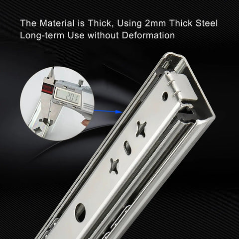 Heavy Gauge Steel Full Extension Drawer Slides With Secure Push Lock Handle And Ridiculously Smooth Ball Bearing Glide, showing 2mm thick steel measurement.