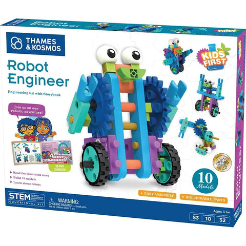 Box of Robot Engineer STEM Kit for Kids Kid Friendly Build 10 Non Motorized Robots Read Along Storybook Manual with colorful robots
