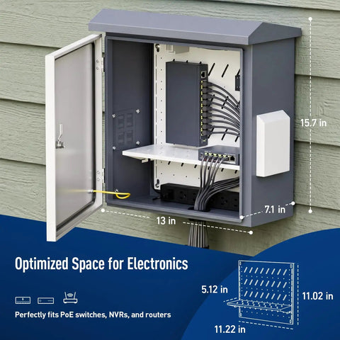 Heavy Duty Outdoor Electrical Box With Built In Thermostat Fan And IP65 Weather Resistant Steel Cabinet showing internal layout and dimensions for electronics.