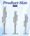 A Tough As Nails Three Piece Tire Reamer Drill Bit Set Featuring Sharp Carbide Burrs For No Sweat Flat Tire Repairs And Quick Roadside Fixes For Cars Trucks And Motorcycles showing three drill bits with size measurements.