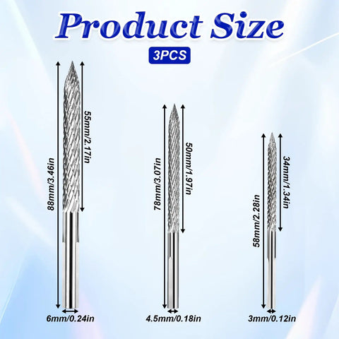 A Tough As Nails Three Piece Tire Reamer Drill Bit Set Featuring Sharp Carbide Burrs For No Sweat Flat Tire Repairs And Quick Roadside Fixes For Cars Trucks And Motorcycles showing three drill bits with size measurements.
