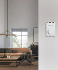 Interior view showing Manual 4 Wire Line Voltage Baseboard Thermostat For Electric Heaters No Frills, mounted on wall