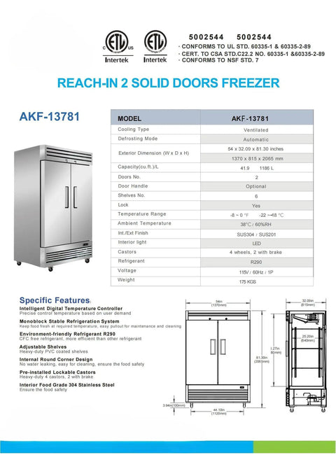 Straight Up Tough Commercial Reach In Two Door Freezer With Slick Digital Temperature Control, Roomy Forty Nine Cubic Foot Storage, Heavy Duty Stainless Steel Finish For Your Kitchen Hustle - detailed product specifications