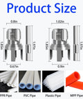 Two Pack Dual Function Pipe Threader Kit For Home DIY Internal And External PVC Cutter With One Half Inch And Three Quarter Inch Dies Electric Drill Compatible, showing sizes and compatible pipes