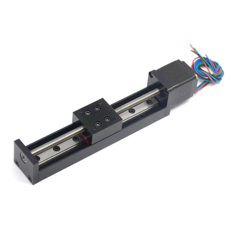 Side view of Befenybay 100mm mini linear rail with lead screw and NEMA11 stepper motor