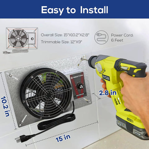 Easy installation of 540 CFM IP55 Rated Crawlspace Ventilation Fan With Humidistat Thermostat And Isolation Mesh For Quick Air Exchange In Crawl Space Basement Garage Attic Or Grow Tent 8.7 Inch Exhaust Fan mounted on wall with power drill.