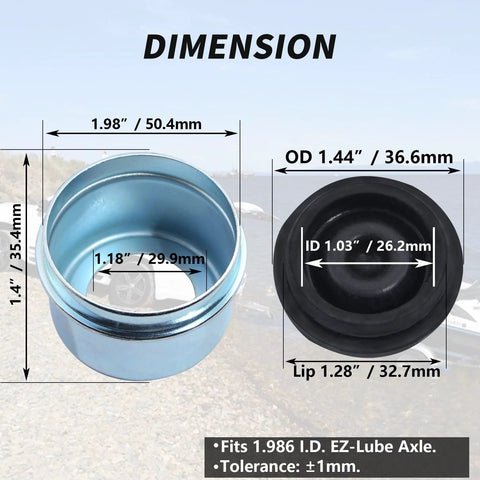 iBroPrat 20-pack trailer hub cap rubber plugs; blue metal hub cap on left and black rubber plug on right with dimension labels