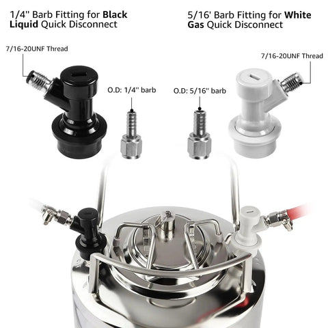 5 Pair Ball Lock Quick Disconnect Set For Corny Kegs Homebrewing With Barbed Nut Adapters on keg, black and white disconnects