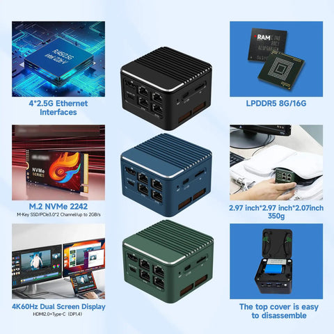 Hella Smooth Quad Network Mini PC Router With Intel I3 N305 Chipset And Sixteen GB Memory in black and blue with ports visible