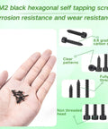 Top Shelf M2 Hex Socket Cap Screws Assortment Kit With 480 Pieces showing black self tapping screws in hand, ideal for wood and sheet metal.