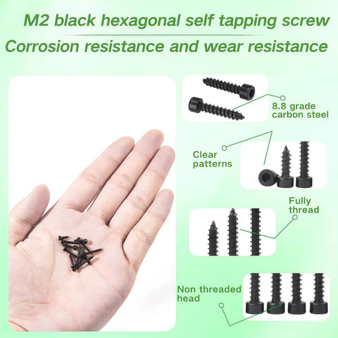 Top Shelf M2 Hex Socket Cap Screws Assortment Kit With 480 Pieces showing black self tapping screws in hand, ideal for wood and sheet metal.