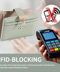 Ultra Slim Women Wallet With RFID Blocking Bifold Soft Leather Card Holder With ID Window Zipper Coin Pocket Seven Card Slots And Cash Pocket Minimalist Compact Design For Everyday Carry Green shown with RFID blocking symbol and card scanner