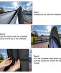 Waterproof Patio Umbrella Cover For 7 To 9 Ft Outdoor Market Parasol With Push Rod No Fuss Heavy Duty 210D Oxford Fabric With Silver Coated Inner Layer Keeps Sun And Rain Off Fits 74.8in Height 11in Top 22.4in Bottom Black installation steps.