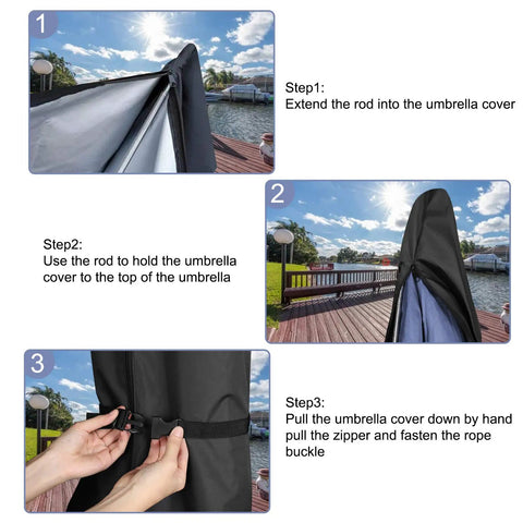 Waterproof Patio Umbrella Cover For 7 To 9 Ft Outdoor Market Parasol With Push Rod No Fuss Heavy Duty 210D Oxford Fabric With Silver Coated Inner Layer Keeps Sun And Rain Off Fits 74.8in Height 11in Top 22.4in Bottom Black installation steps.
